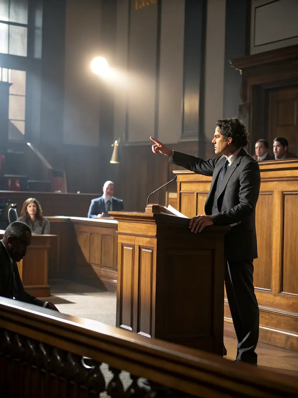 A dynamic image of a courtroom scene with a lawyer presenting a case, symbolizing litigation and dispute resolution expertise at Mohamed Hesham Hanbouli Law Firm.