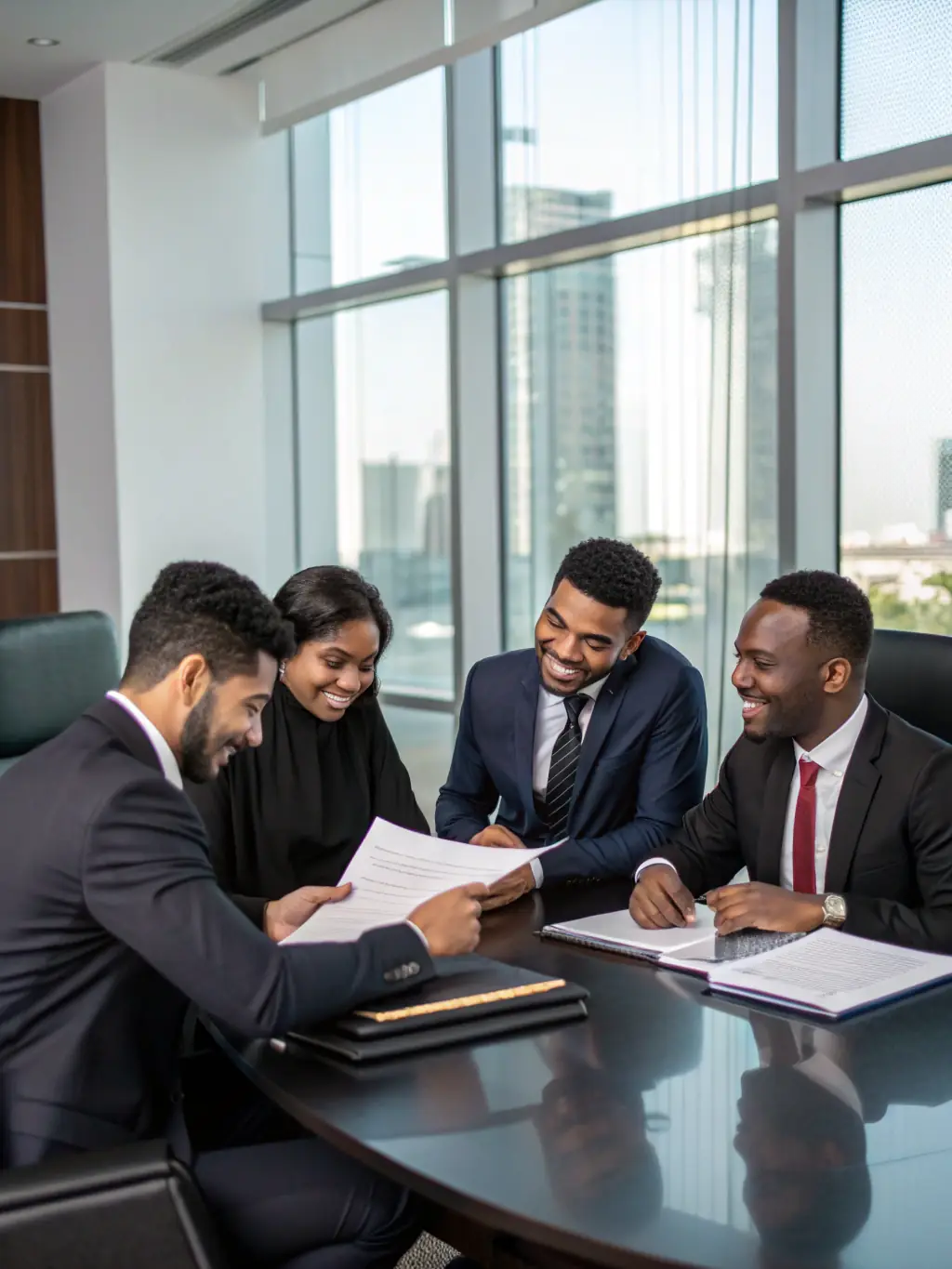 A diverse team of legal professionals collaborating in a modern office setting, showcasing a client-focused approach.