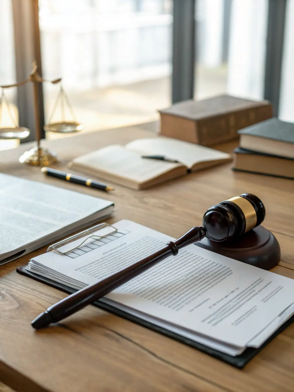 An image of a modern office building with a focus on legal documents and a gavel, symbolizing corporate legal services offered by Mohamed Hesham Hanbouli Law Firm.