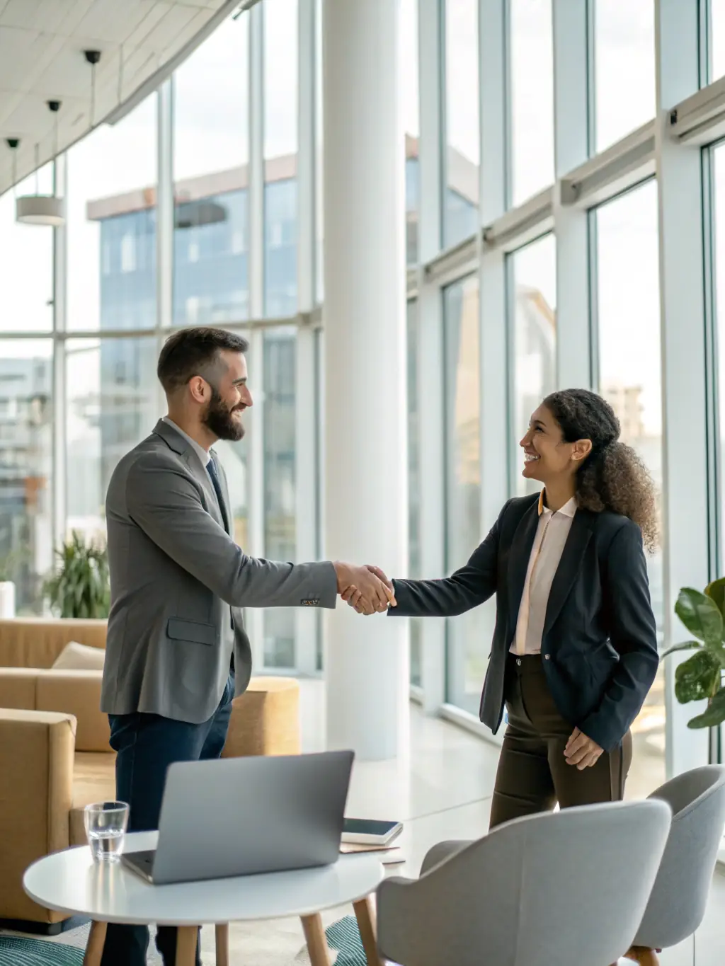 A seasoned lawyer shaking hands with a satisfied client in a well-lit office, representing trust and successful partnerships.